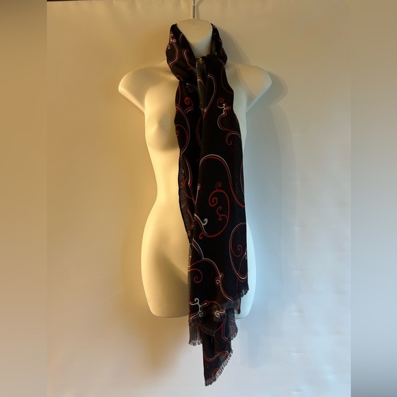 HANDMADE 100% WOOL SWIRL PATTERNED CHOCOLATE BROWN BLACK RED AND CREAM SCARF O/S - Picture 7 of 9